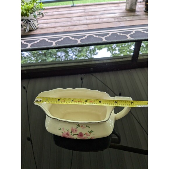 Vintage Canarytone Gravy Boat Cherry Blossoms Unmarked Silver Trim Porcelain - Picture 12 of 14